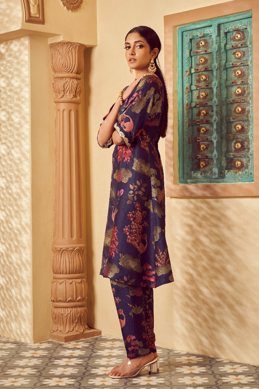 Dark Blue Silk Embroidered Kurta Set