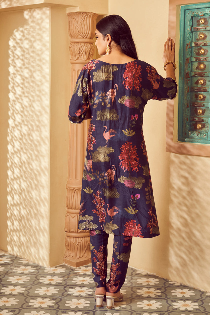 Dark Blue Silk Embroidered Kurta Set