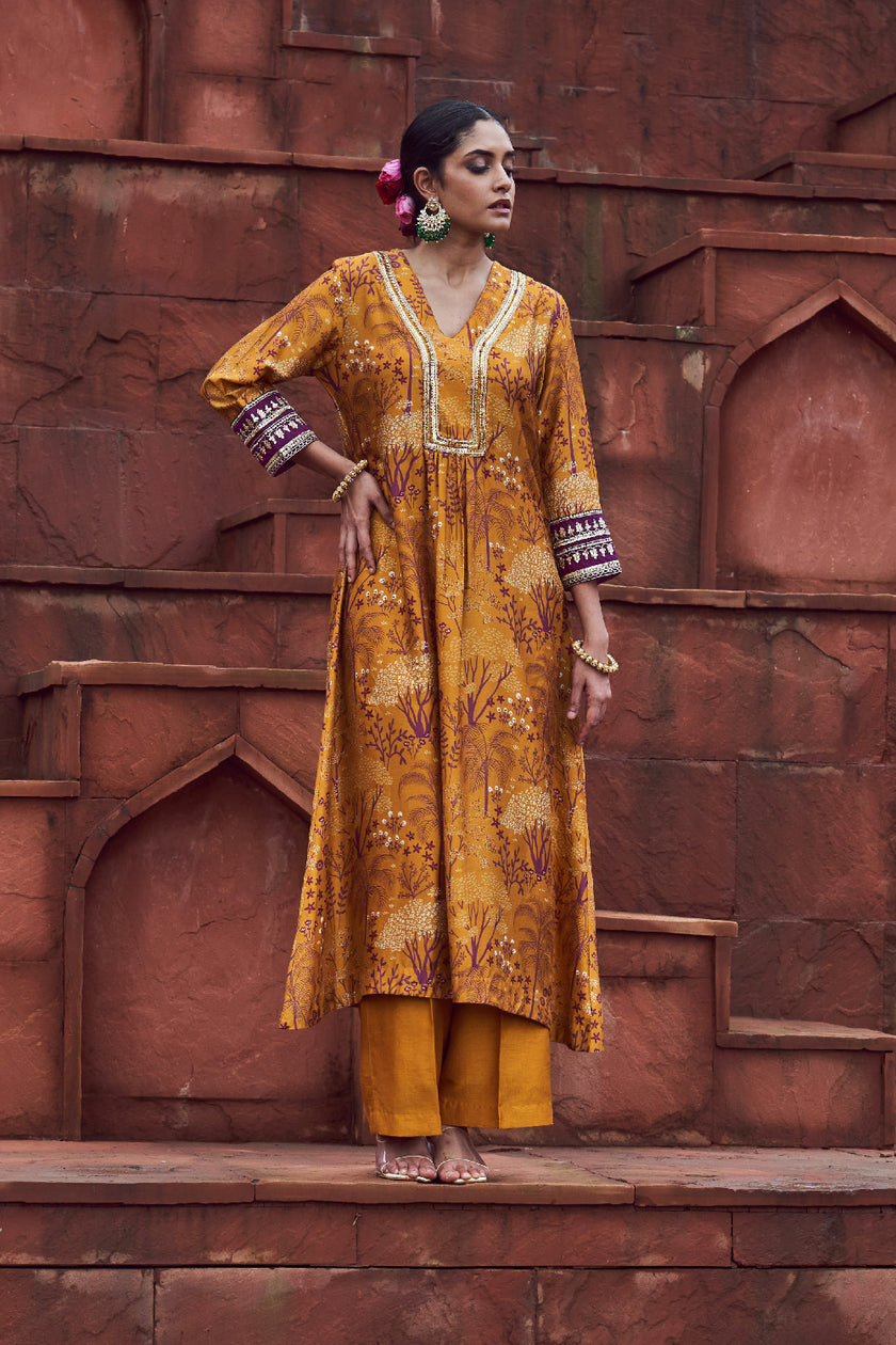 Mustard Silk Embroidered Kurta Set