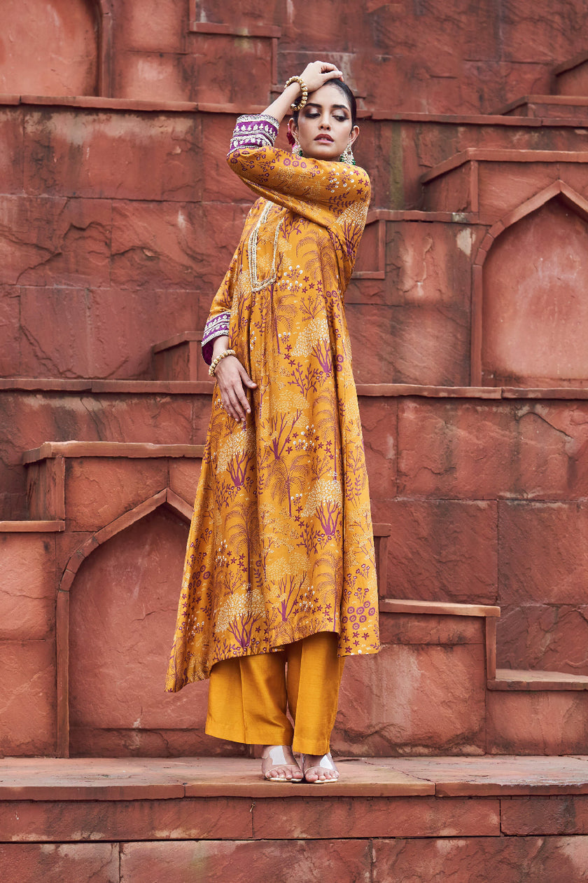 Mustard Silk Embroidered Kurta Set