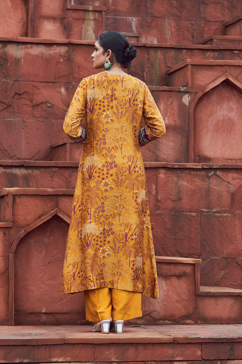 Mustard Silk Embroidered Kurta Set