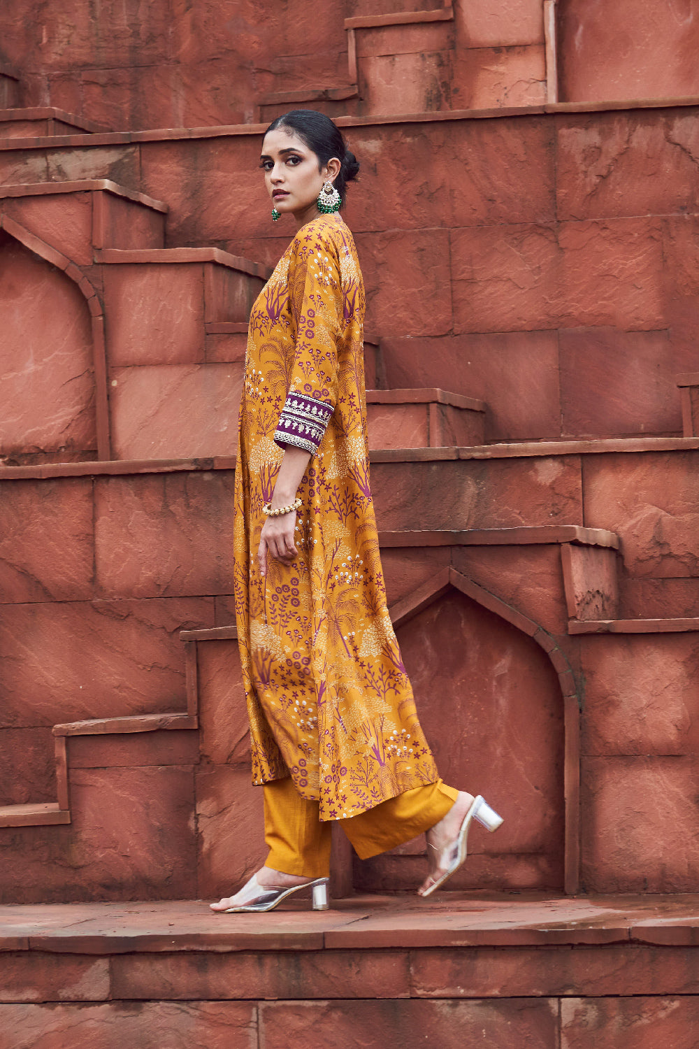 Mustard Silk Embroidered Kurta Set