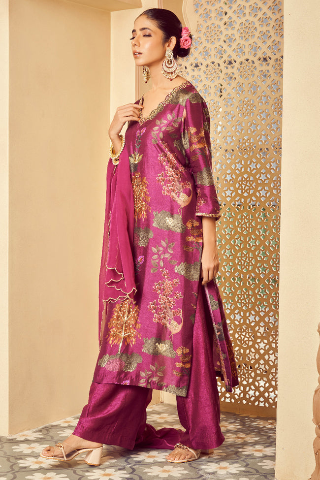 Purple Silk Organza Embroidered Kurta Set