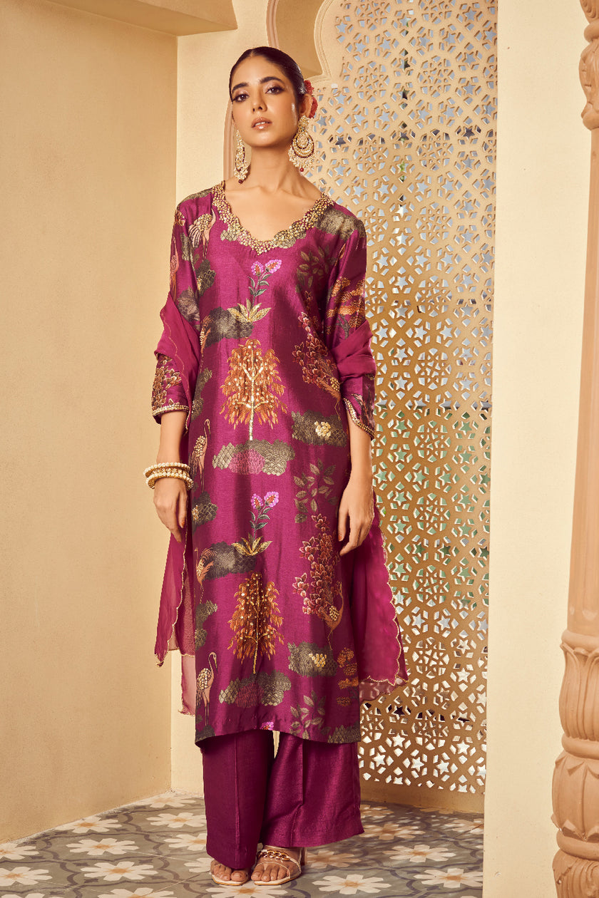 Purple Silk Organza Embroidered Kurta Set