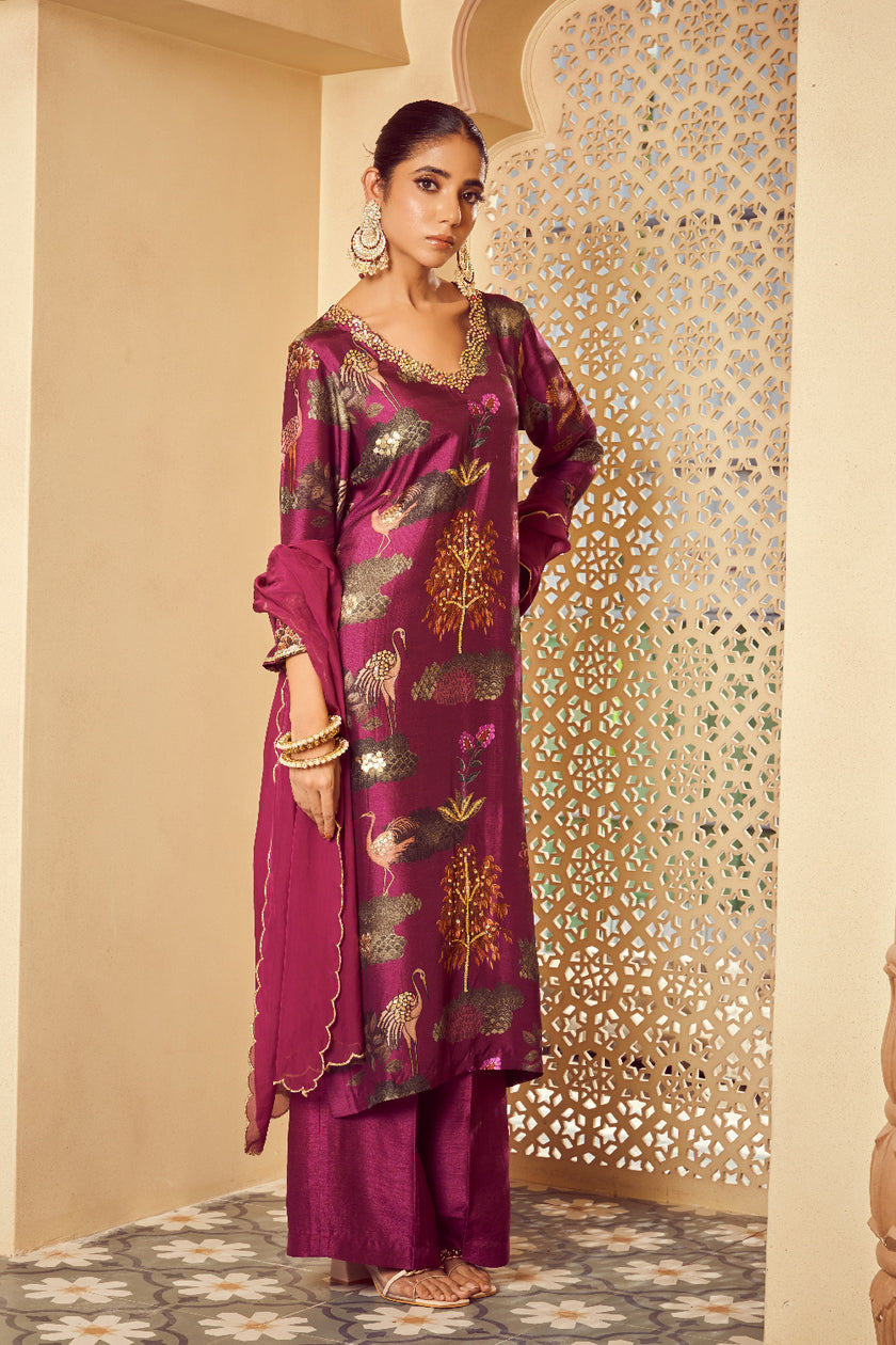 Purple Silk Organza Embroidered Kurta Set