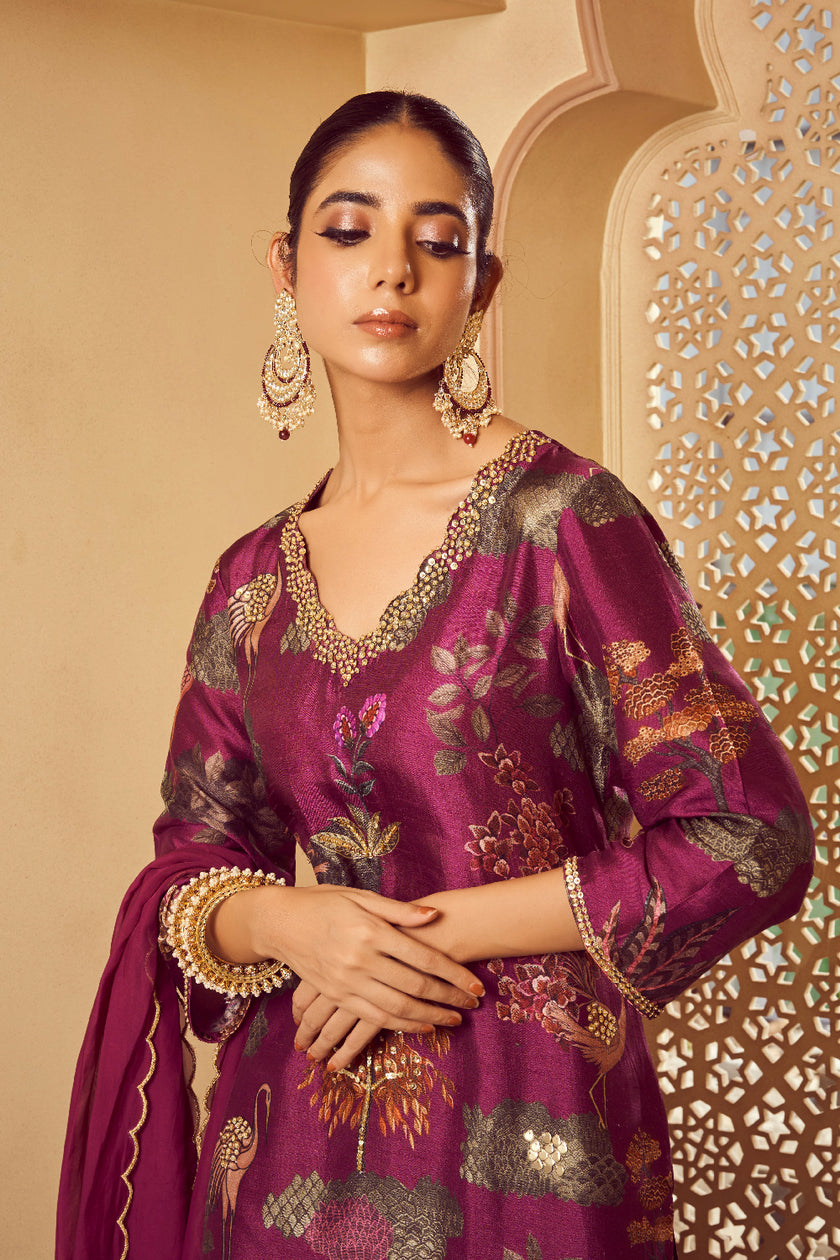 Purple Silk Organza Embroidered Kurta Set