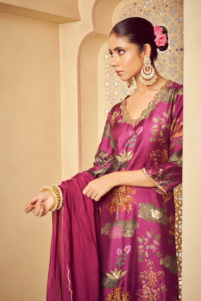 Purple Silk Organza Embroidered Kurta Set