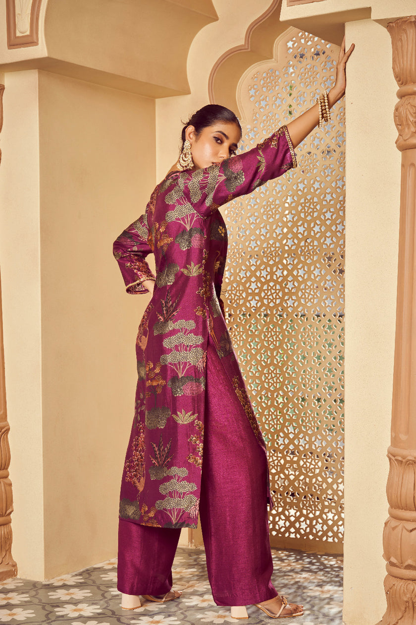 Purple Silk Organza Embroidered Kurta Set