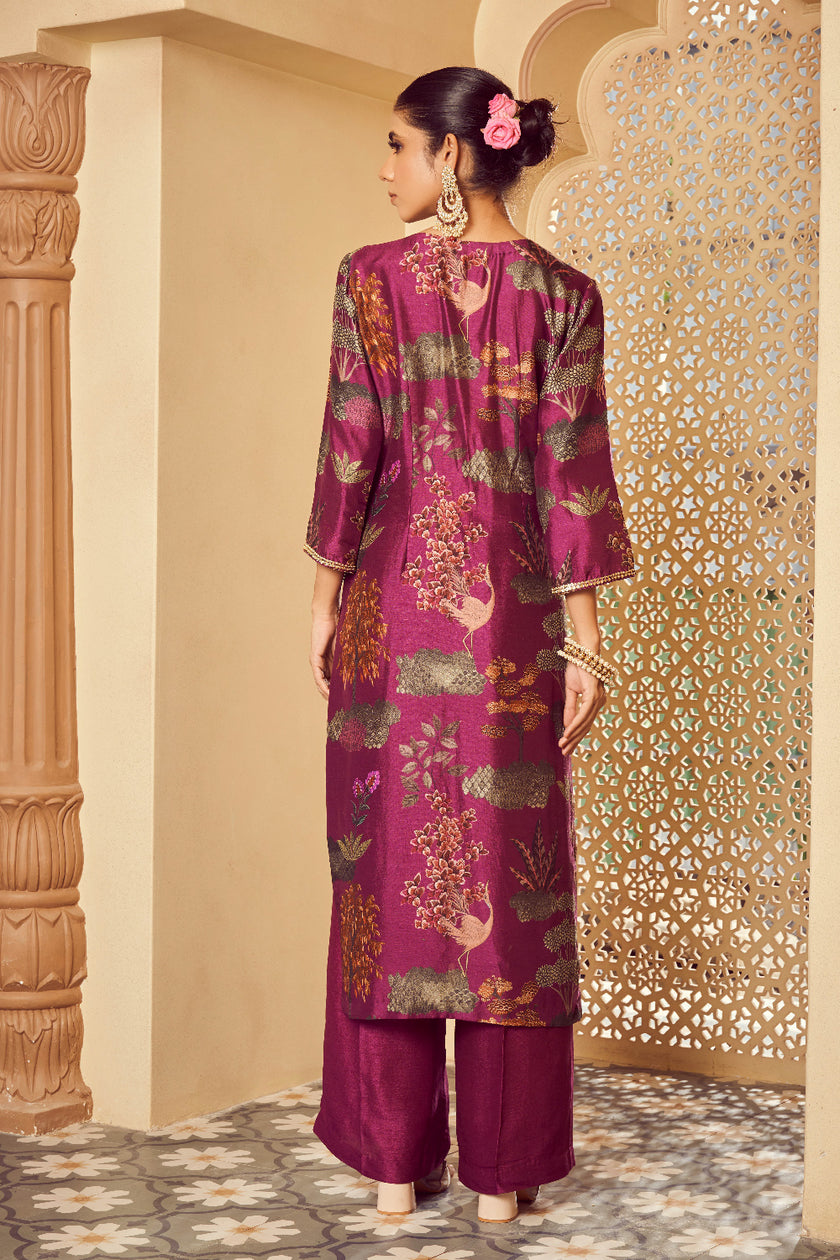 Purple Silk Organza Embroidered Kurta Set