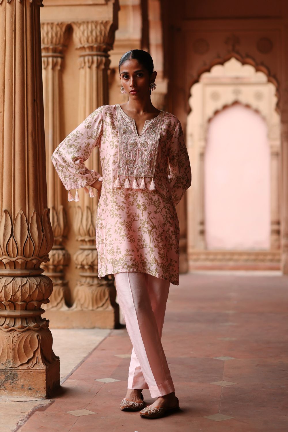 Pink Dupion Silk Printed and Embroidered Short Kurta Set