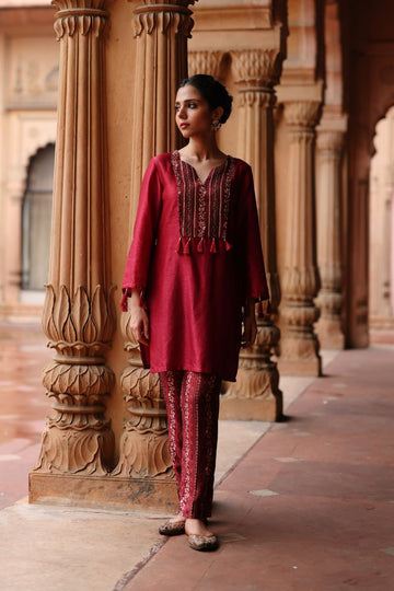 Deep Magenta Printed and Embroidered Short Kurta Set