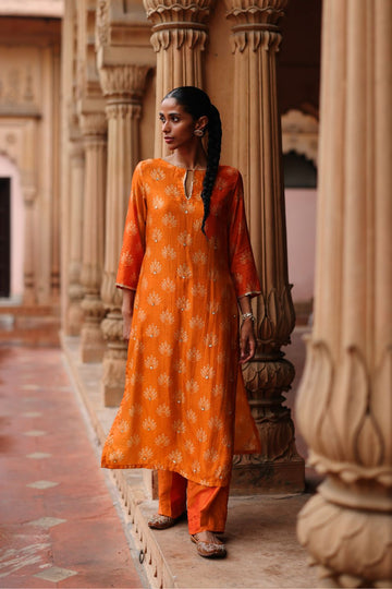 Orange Dupion Silk Printed and Embroidered Kurta Set