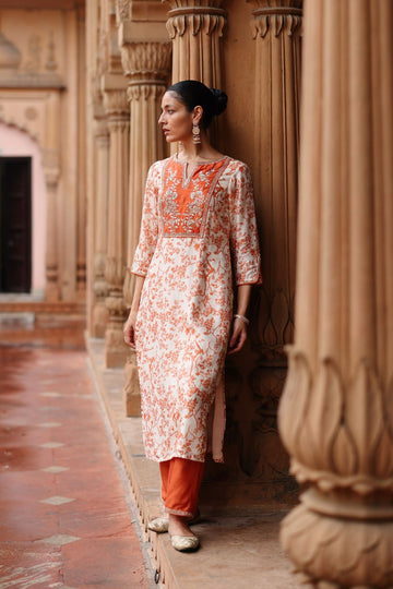 Cream Orange Printed and Hand Embroidered  Dupion Silk Kurta Set