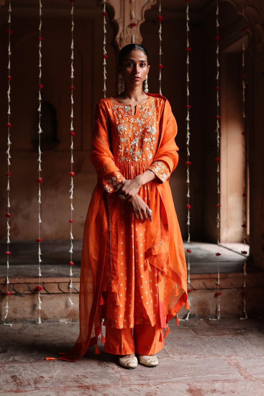 Orange Printed and Hand Embroidered  Dupion Silk Kurta Set