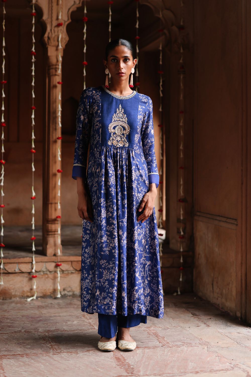 Blue Printed and Hand Embroidered  Dupion Silk Kurta Set