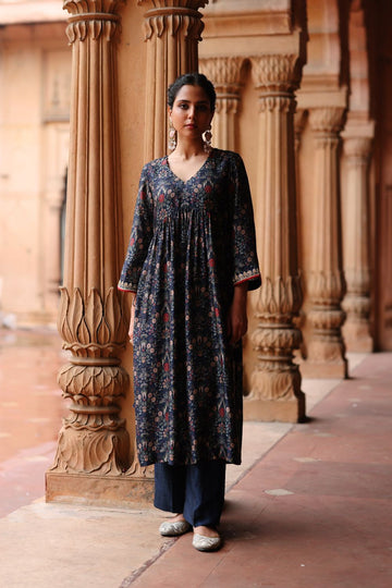 Blue Printed and Hand Embroidered  Dupion Silk Kurta Set