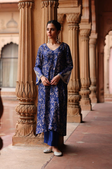 Blue Printed and Hand Embroidered  Dupion Silk Kurta Set