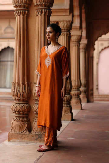 Orange Printed and Hand Embroidered Dupion Silk Kurta Set