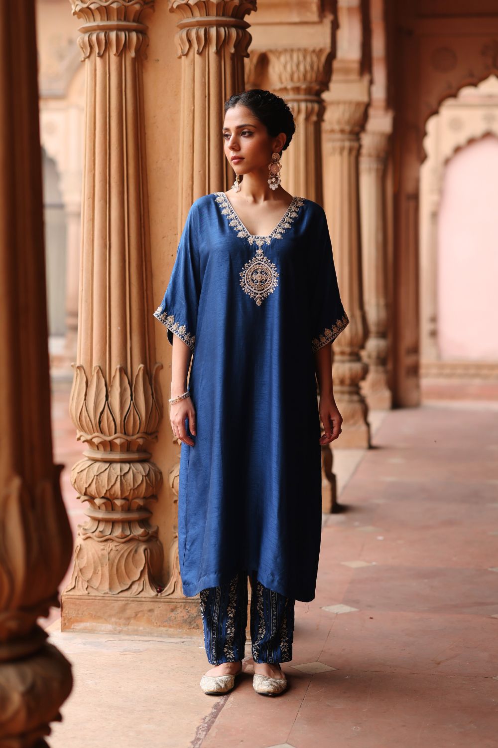 Blue Printed and Hand Embroidered Dupion Silk Kurta Set