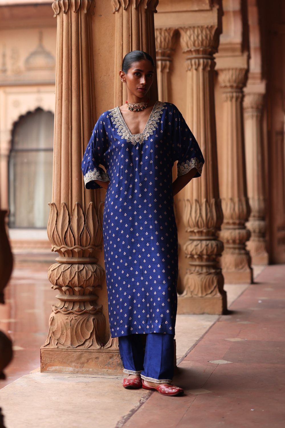 Blue Printed and Hand Embroidered Dupion Silk Kurta Set