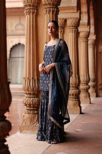 Blue dupion silk Printed Sharara Set