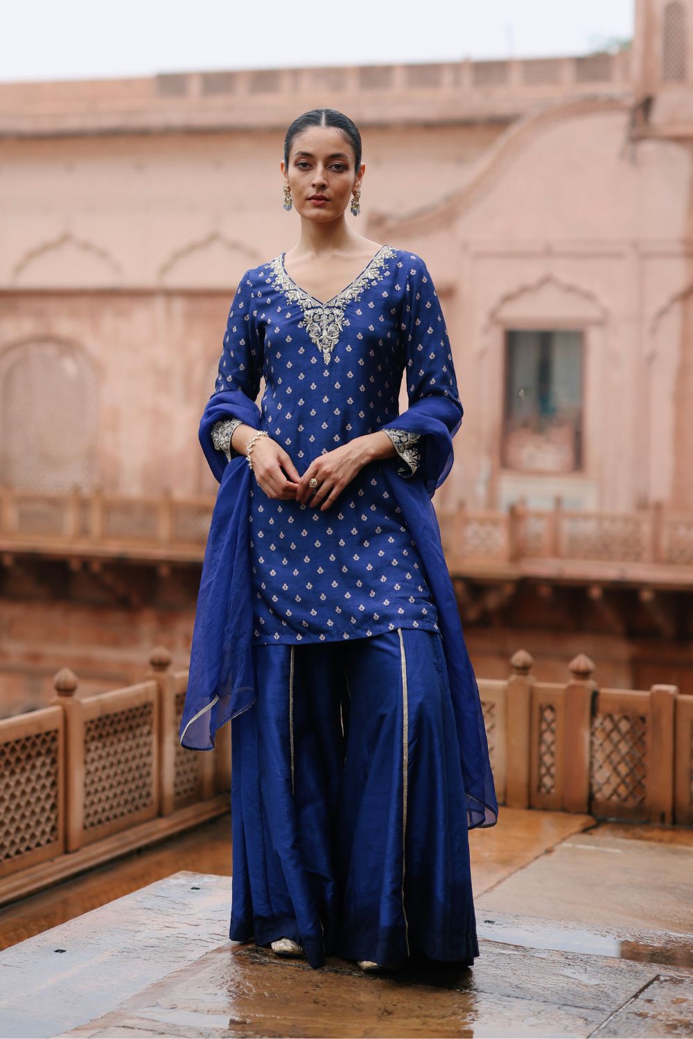 Blue Dupion Silk Printed and Embroiderd Sharara Set