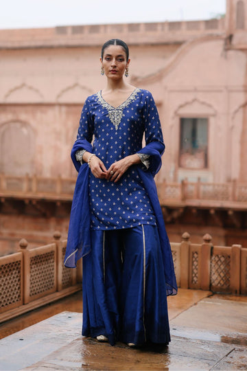 Blue Dupion Silk Printed and Embroiderd Sharara Set