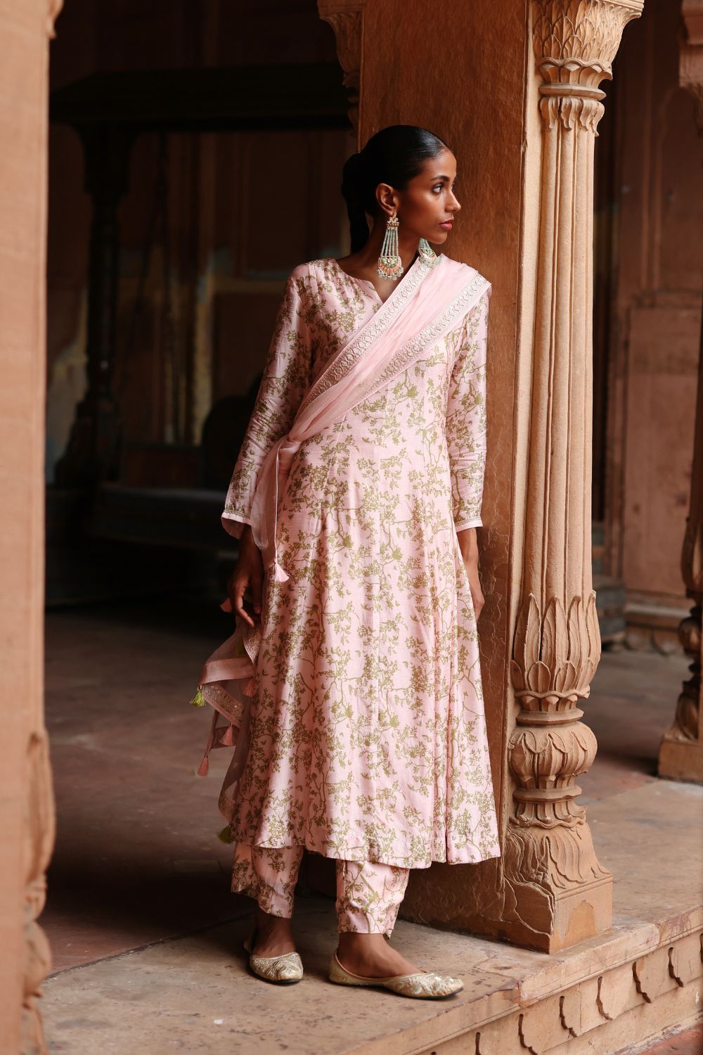 Pastel Pink Dupion Silk Printed Anarkali Set