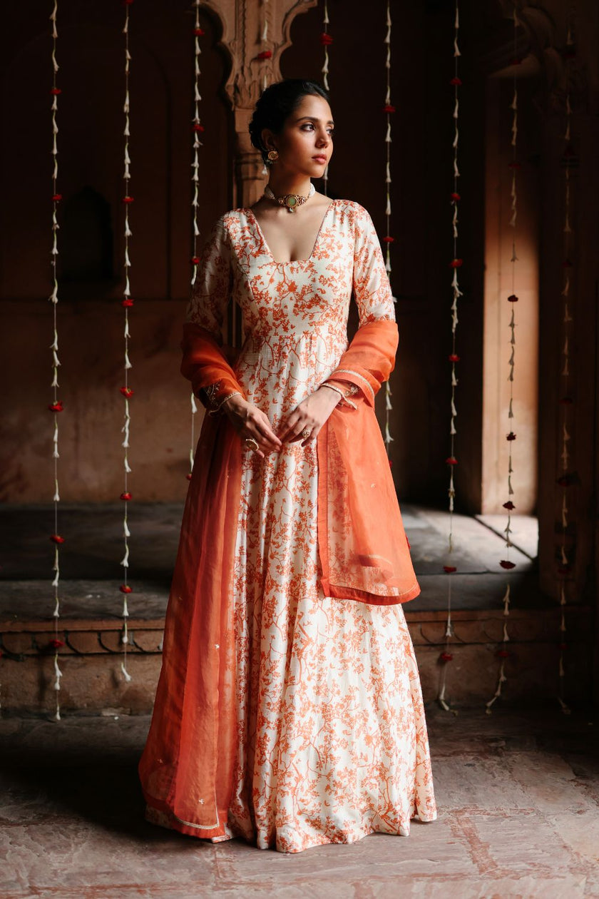 Cream Dupion Silk Printed and Embroidered Anarkali Set