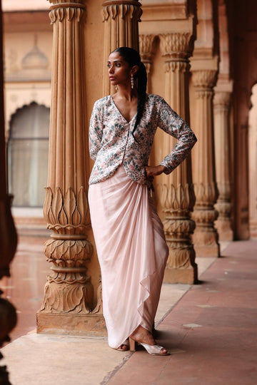 Pink Dupion Silk Printed Jacket and Satin Drape Skirt