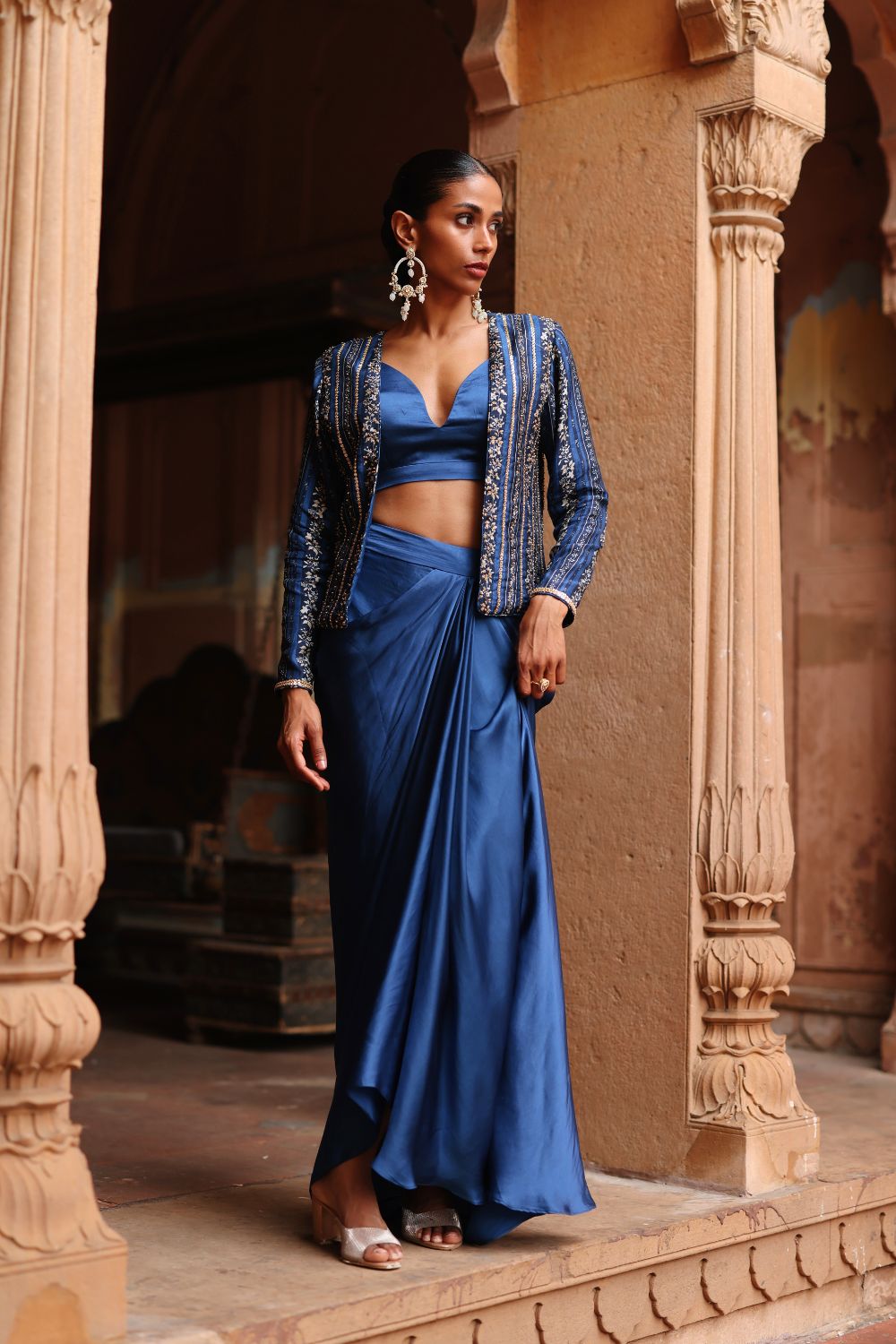 Blue Dupion Silk Printed and Hand Embroidered Jacket With Satin Drape Skirt