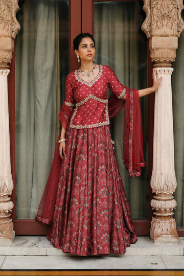 Red Dupion Silk Embroidered and Printed Lehenga Set