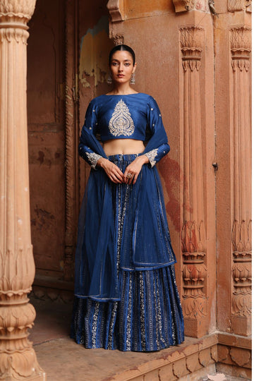 Blue Dupion Silk Embroidered and Printed Lehenga Set