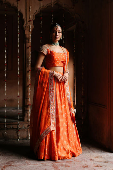 Orange Dupion Silk Embroidered and Printed Lehenga Set