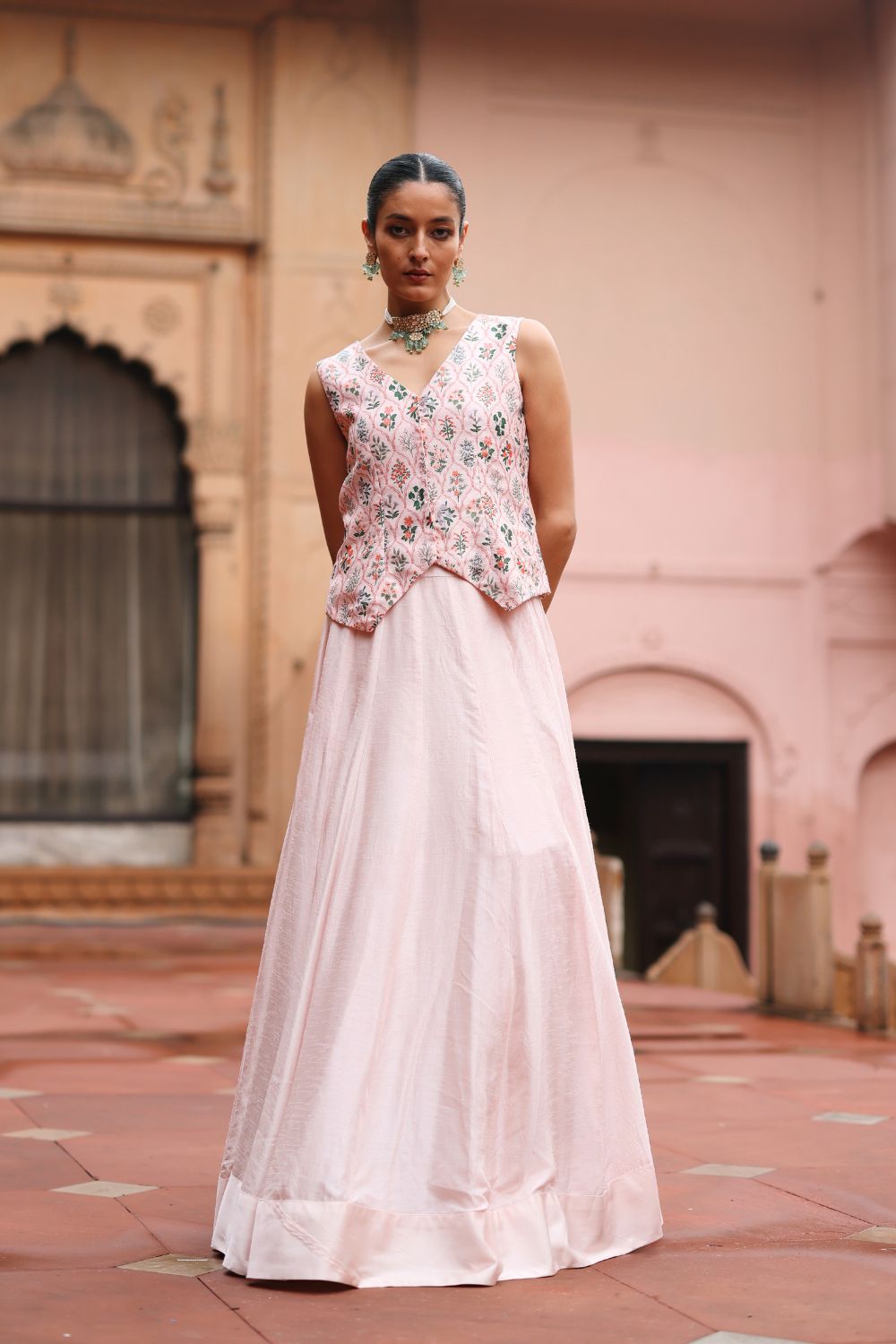 Pink Dupion Silk Printed Waistcoat and Skirt Set