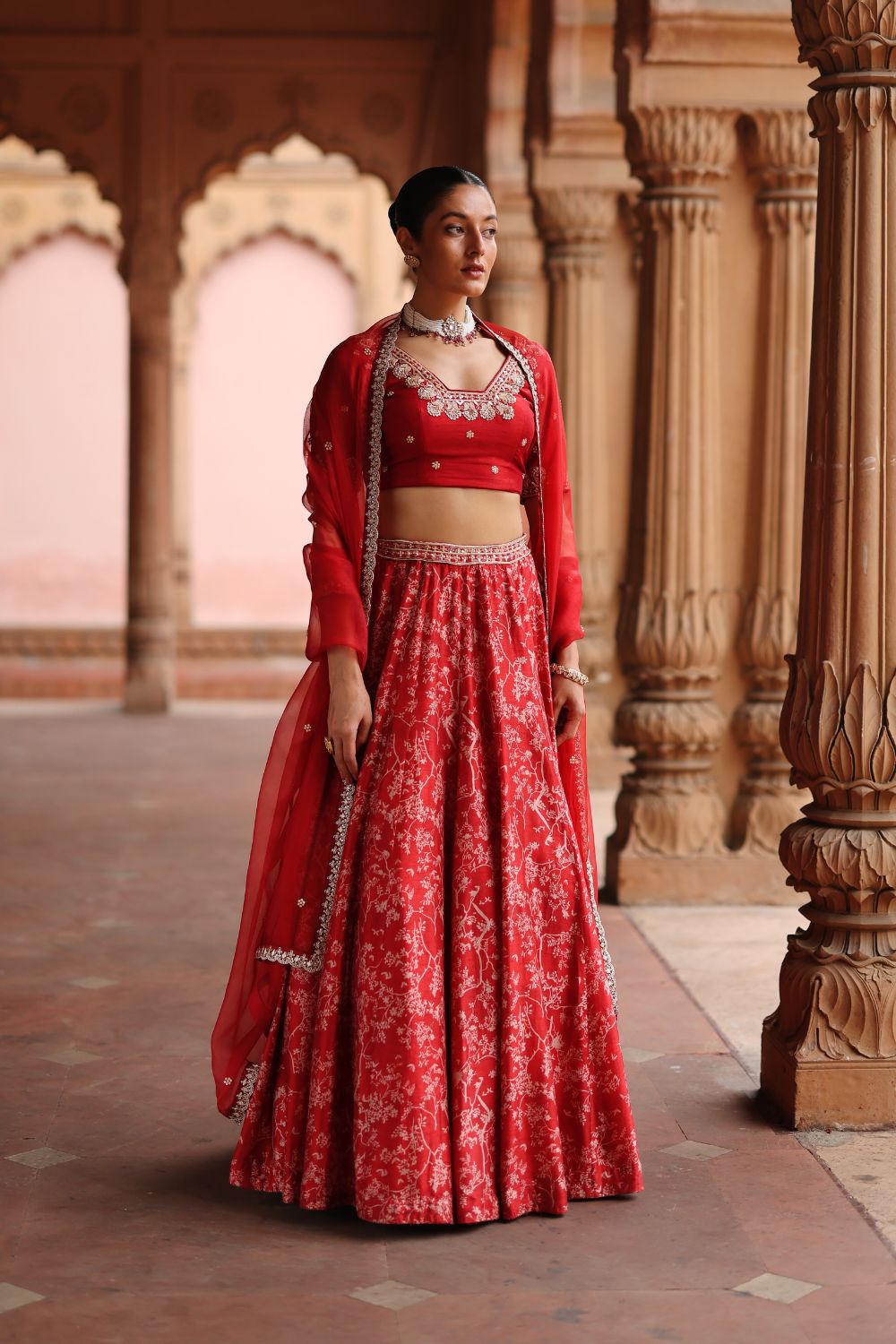 Red Dupion Silk Embroidered and Printed Lehenga Set