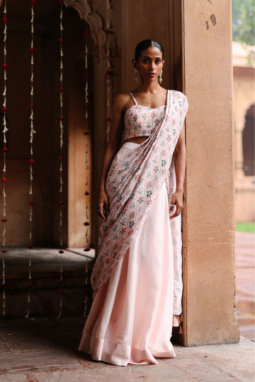 Pastel Pink Dupion Silk Printed Fusion Saree Set