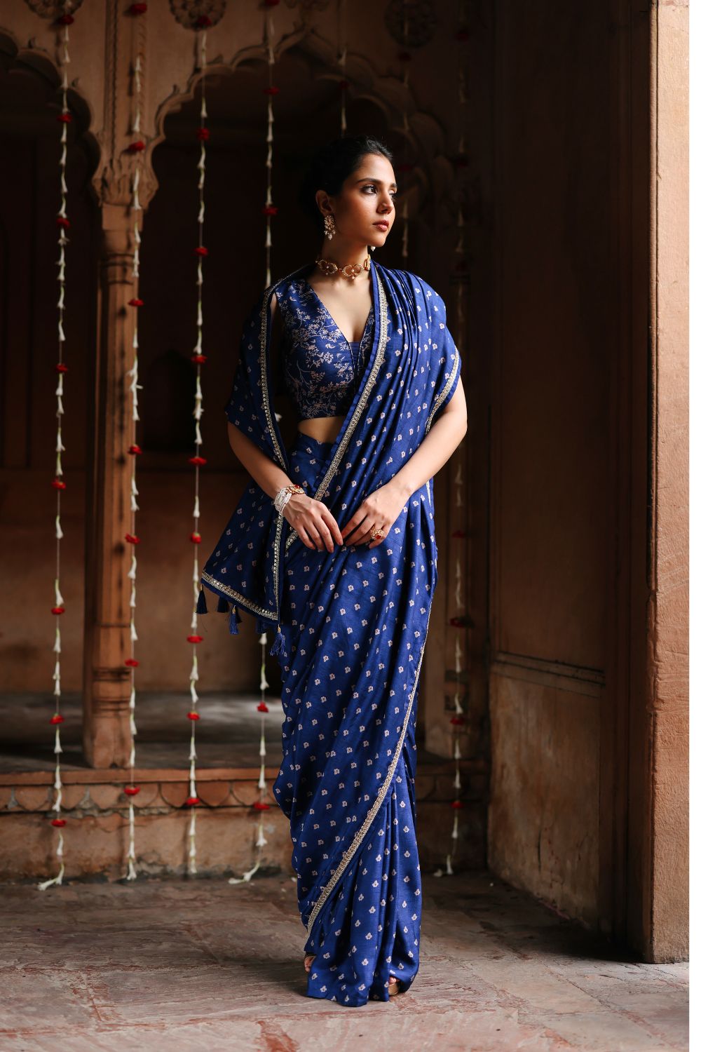 Blue Dupion Silk Printed Pre-Stitched Saree