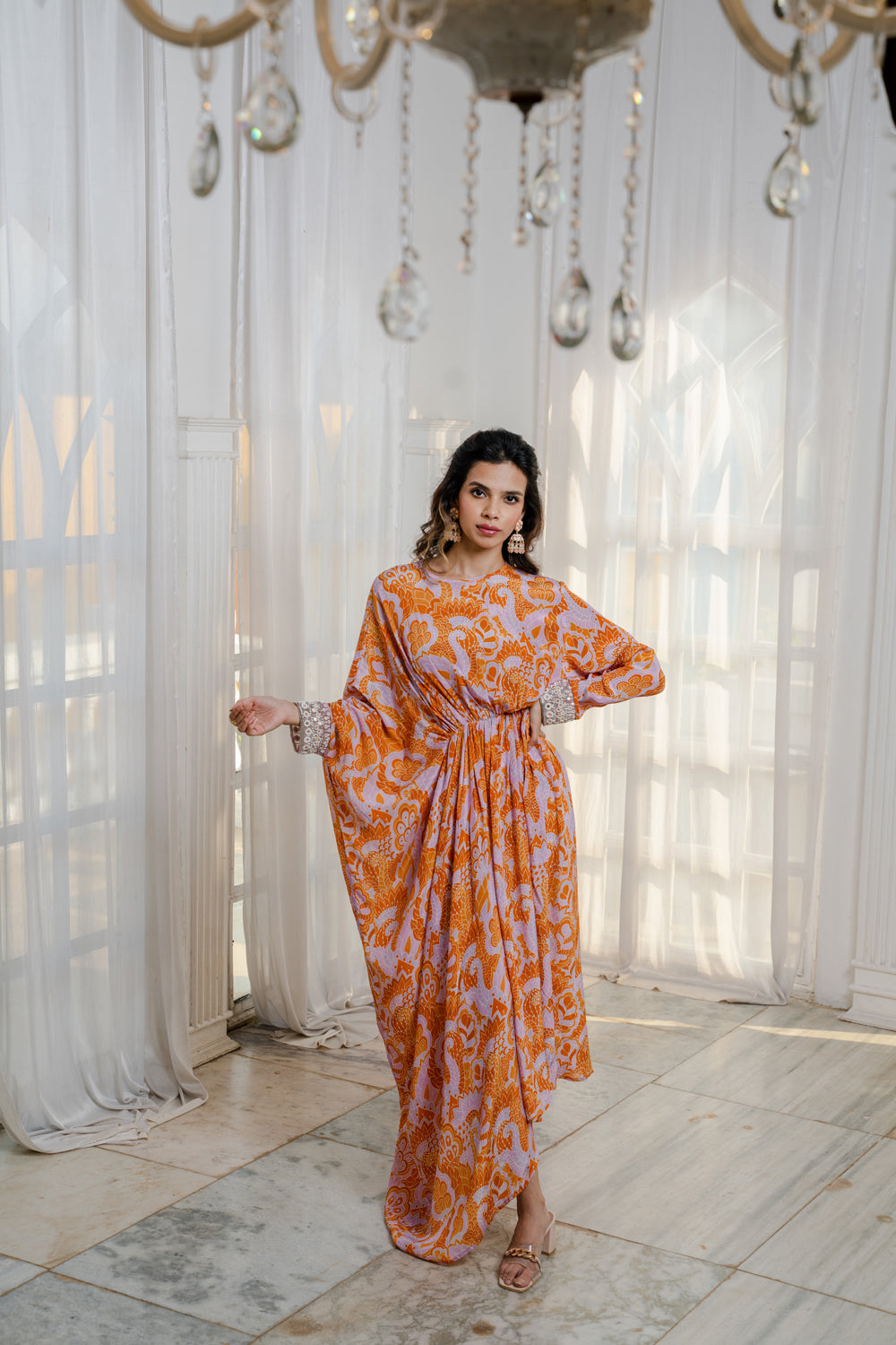 Orange & Lavender Abstract Printed Asymmetric Kaftaan Dress