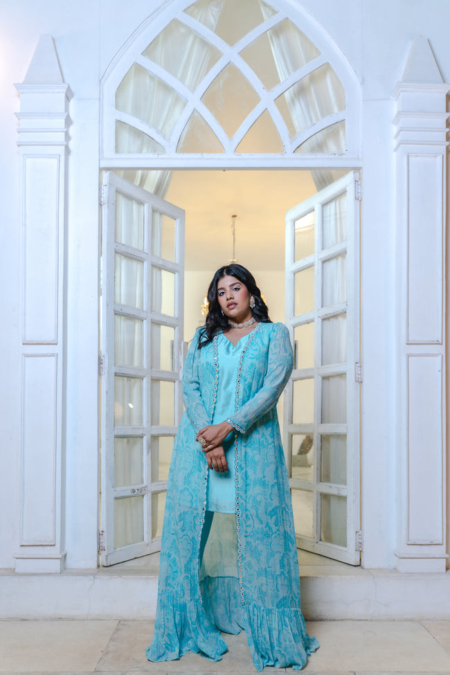 Sky Blue Abstract Printed Jacket Set