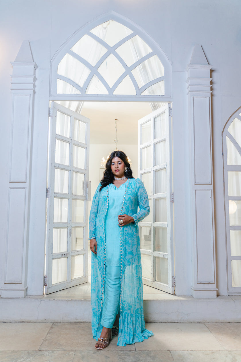 Sky Blue Abstract Printed Jacket Set