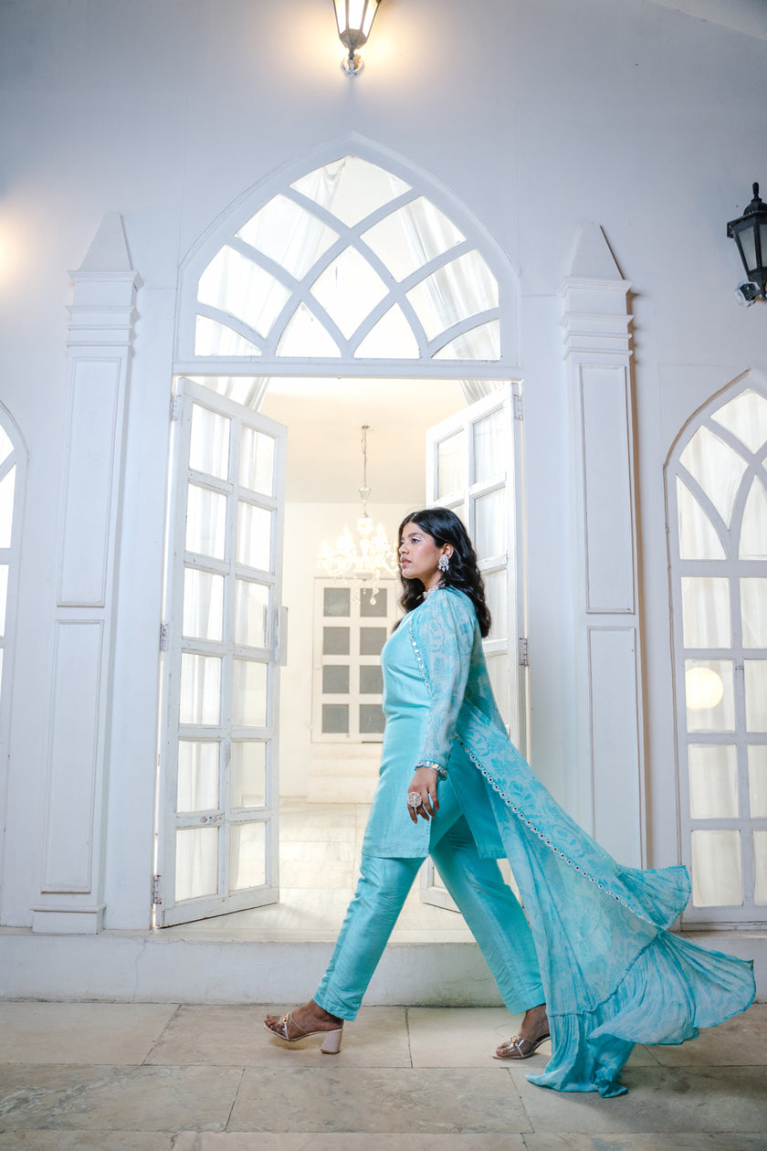 Sky Blue Abstract Printed Jacket Set