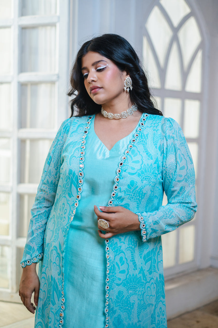 Sky Blue Abstract Printed Jacket Set