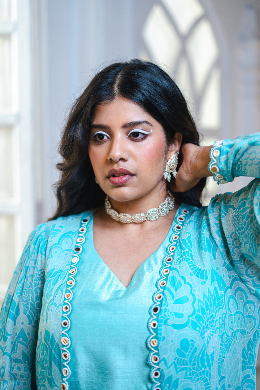 Sky Blue Abstract Printed Jacket Set