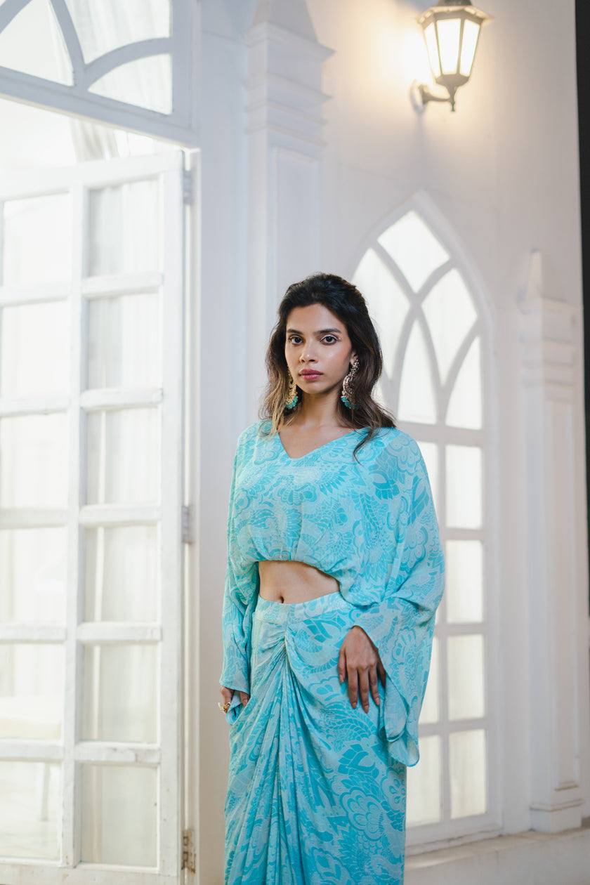 Sky Blue Abstract Printed Top and Skirt Set