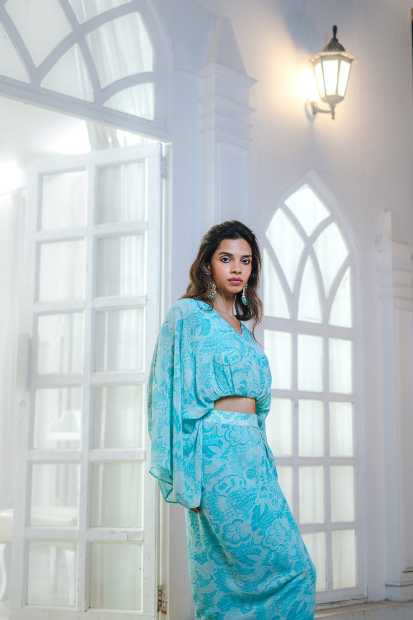 Sky Blue Abstract Printed Top and Skirt Set