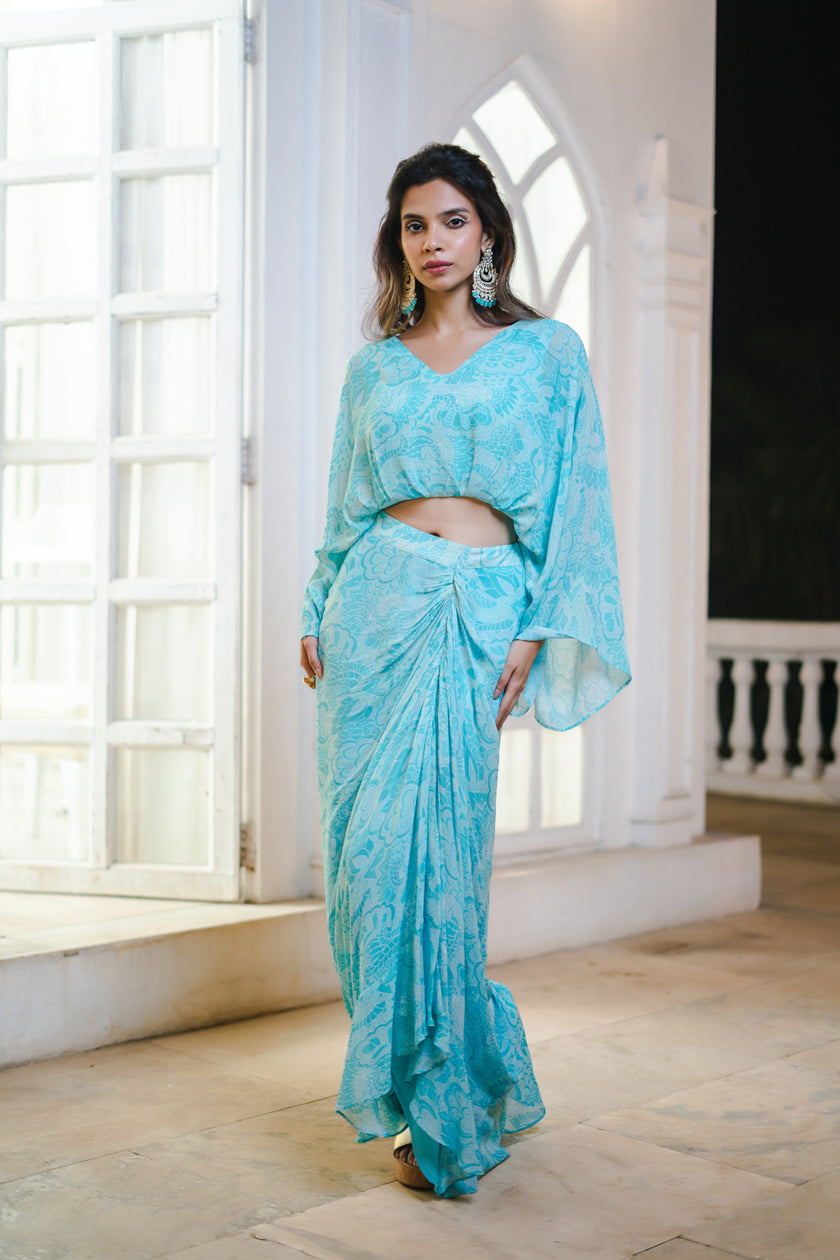 Sky Blue Abstract Printed Top and Skirt Set