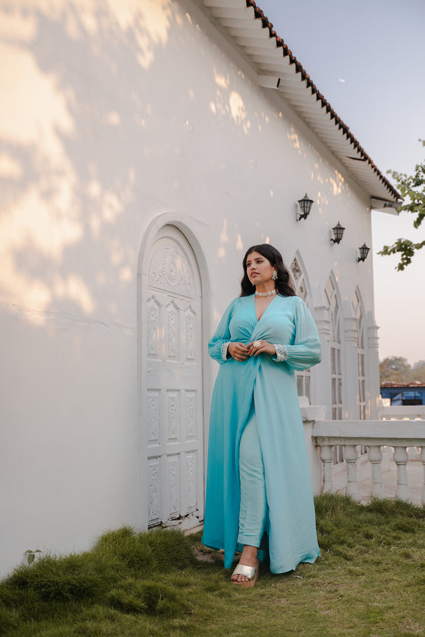 Sky Blue Solid Twisted Detail Kurta Set