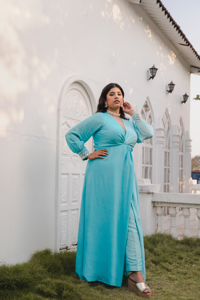 Sky Blue Solid Twisted Detail Kurta Set