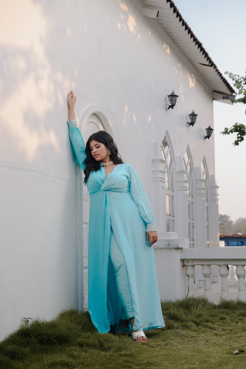 Sky Blue Solid Twisted Detail Kurta Set